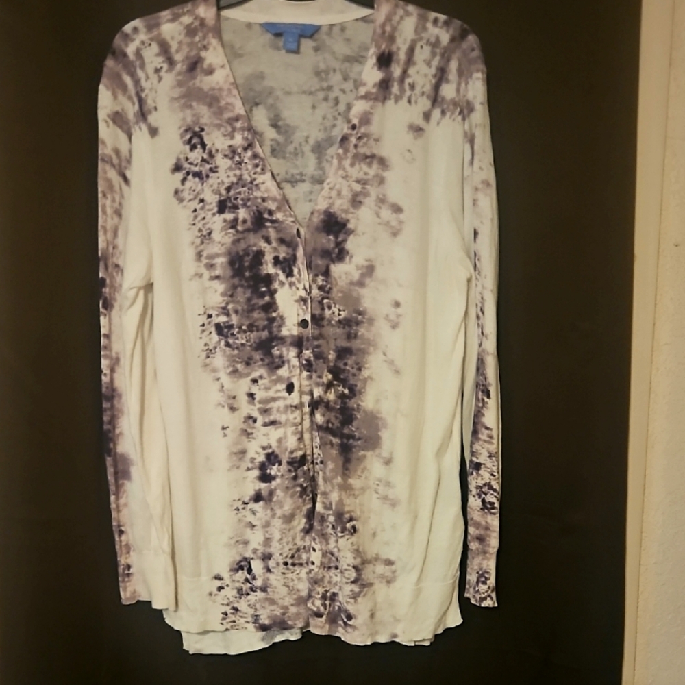 Tie-Dye V-Neck Button Front Women’s Sweater - White and Purple